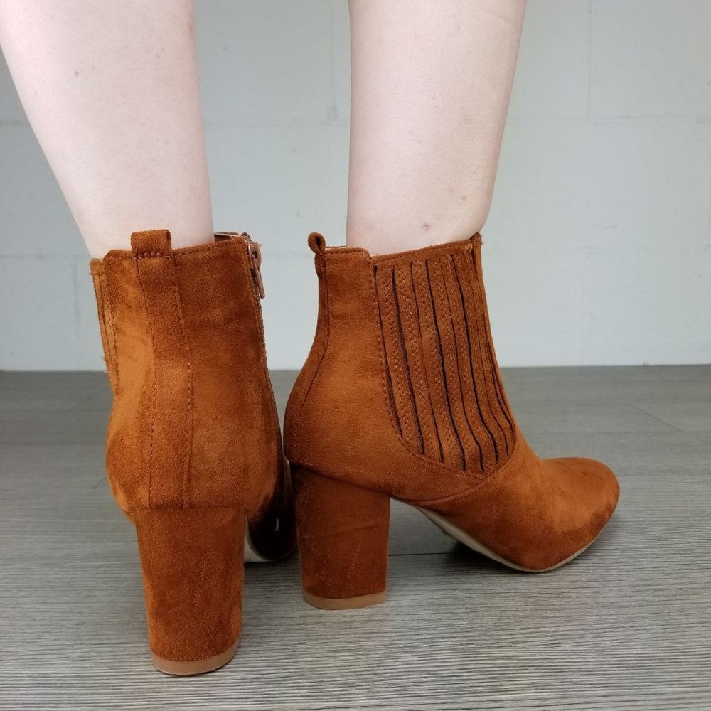 Vegan Suede Tan Bock Heel Ankle Bootie - Picture 7 of 8